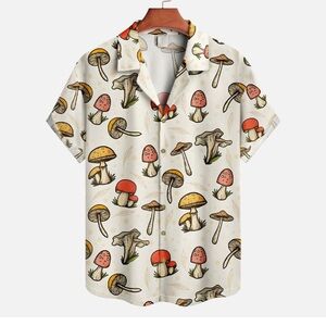 MUSHROOM PRINT SHORT SLEEVE BUTTON-UP SHIRT, OFF-WHITE m
